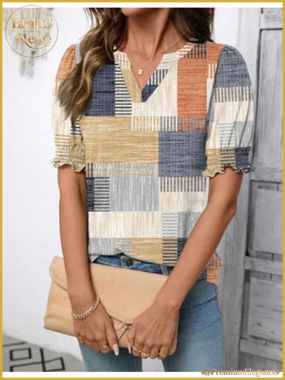 Women's V-Neck Puff Sleeve T-Shirt Summer Blouse Stretchy Knit - Picture 4 of 6